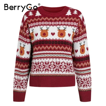 BerryGo Vzročno rdeča jesen zimo božič pulover Živali design dolgimi rokavi ženske potegnite femme Modni o-neck knitted puloverju