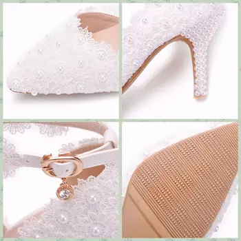 Tanke pete opozoril sandali bele čipke poročni čevlji ženske zunanje trgovine visokih petah