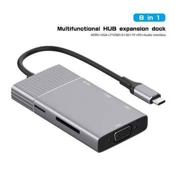 8 v 1 USB 3.1 Tip-C HUB 4K HDMI 1080P VGA 2 USB3.0 TF PD Audio Converter 5Gbps High Speed USB 3.1 Pretvornik za Namizni Prenosni računalnik