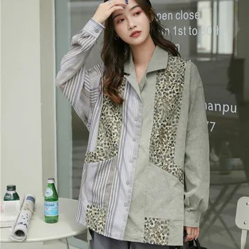 2020 Pomlad Dolg Rokav Leopard Tiskanja Bluzo Ženske Mozaik Svoboden Plus Velikost Vrhovi Trak Chic Vintage Bluze