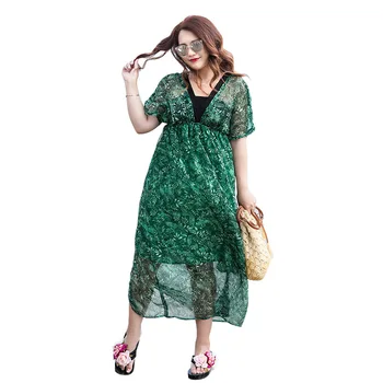 čas 2020 poletje resnično velikost obleke novo veliko žensk obleko maščobe sestra kratek rokav globoko Proti-vrat, zelena natisnjeni šifon dolgo