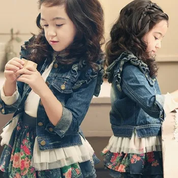2019 spomladi in jeseni novi korejski dekleta traper suknjič dekleta čipke strani dolg rokav majica otroška oblačila jopico pletenic