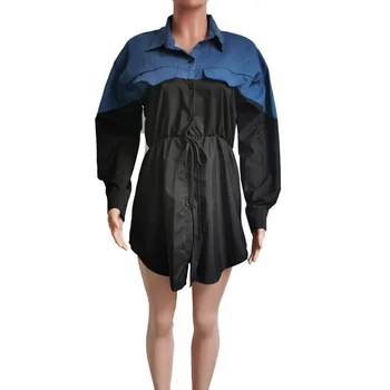 Nove Modne ženske shirt obleko ulične Dolg Rokav Kavbojke pactwork slim obleko Prevelik Vestidos