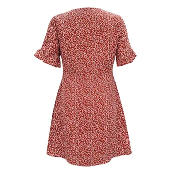 Red Summer Swing Cvjetnim Tiskanja Obleko za Ženske V Vratu Kratek Rokav Mini Obleka Ženski Praznik Ruffles Obleke Vestidos