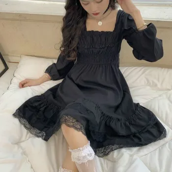 Japonske Ženske Viktorijanski Gothic Kvadratnih Ovratnik Čipke Ruffles Black Lolita Obleko Jeseni Dekleta Punk Stil Long Sleeve Mini Obleke