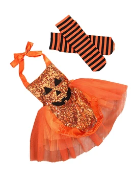 Baby Dekle Halloween Kostum, Luštna Bučna Obraz Bleščica Povodcem Romper Tutu Obleko + Prugasta Nogavice 2Pcs Obleke