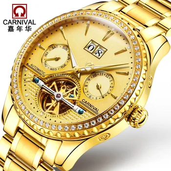 KARNEVAL Luxury Gold Business Mens Ure Top blagovne znamke Samodejni Watch moških Tourbillon Celoten koledar Svetlobna Mehanska ura
