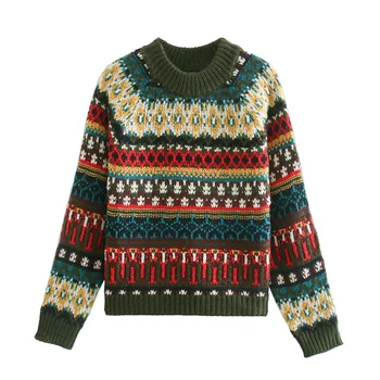 2021 novo jeseni in pozimi ženski pulover jacquardske svoboden ulične etnične trend toplino retro moda pulover ženske vrh
