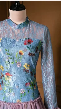 Vrhunska Nova Čipke Obleko 2020 Jeseni Posebne Priložnosti Žensk Ruffle Očesa Mozaik Srednje Dolge Seksi Obleko Vestidos De Praznik