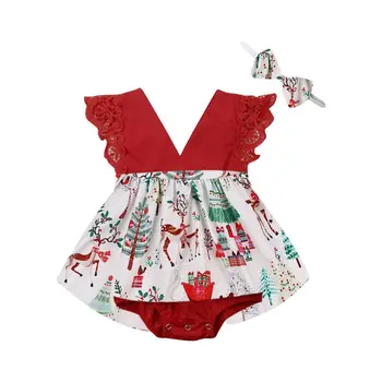 2020 blagovne Znamke Novorojenega Dojenčka Baby Dekleta Božič Obleko Lepe Rdeče Čipke Romper Obleko brez Rokavov Božič Jelena Romper Jumpsuit 0-24M