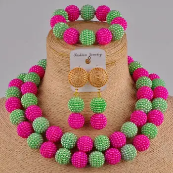 Elegantno svetlo zelena fuksija roza simulirani biser afrike poročna ogrlica nigerijski kroglice nakit set