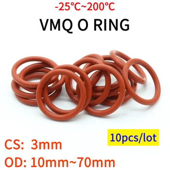 10pcs Rdeče VMQ Silikonsko O Ring CS 3 mm OD 10 ~ 70 mm FoodGrade Nepremočljiva Pranje Gume Izoliran Okroglo Obliko Tesnilo Tesnilo