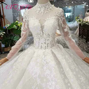 AXJFU luksuzni princesa beading kristalni cvet bele čipke poročno obleko letnik visoko vratu dolg rokav iluzijo poročno obleko 832