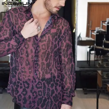 INCERUN Modni Moški Očesa Majica Leopard Tiskanja Dolg Rokav River Glej Skozi Bluzo Ulične Seksi Dihanje Stranka Camisas 2021