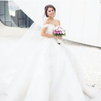 Vestidos De Novia 2020 Elegantno luksuzno poročno obleko Ljubica off ramo Kratek Rokav Cvetje Zabuhle Princess Poroka obleke