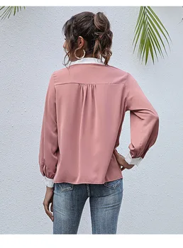 Vroče Prodaje Nov Slog Rokavi Top Pomlad Moda Priložnostne Ženske Elegantno Bluzo Temperament Jeseni Zahodni Slog Roza Majico, Girl Obleke