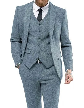 2019 Novo Royal Modre Moške 3 Kosov Obleko Formalnih Poslovnih Zarezo River Kost Tuxedos Groomsmen Za Poroko(Blazer+telovnik+hlače)