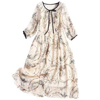 Prvotni Načrt Pomlad Ženske Francoski Vintage Obleko Elegantno O-Vratu Lok Osebnost Tiskanja Priložnostne Svoboden Šifon Dolgo Obleko