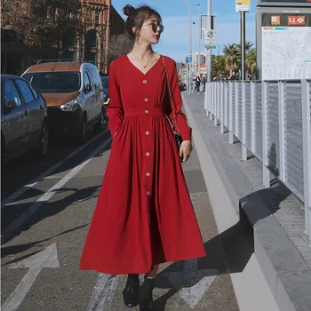 Francoski Proti-Vrat Obleko Ženski 2021 Pomlad Jesen Novi korejski Dolgimi Rokavi za enkratno Zapenjanje Visoko Pasu Retro Moda za Ženske Obleko 41X
