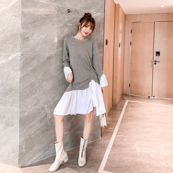 Novo 2019 Jeseni Ženska Obleke korejski Elegantno Svoboden Dolgo sleeved Šivanje Ogrlicom Dolgo T-shirt Obleko Ženski Črno Siva 2 Barvi