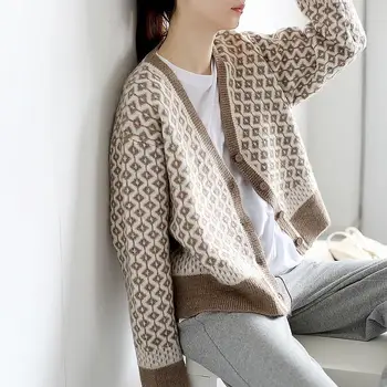Jeseni, pozimi 2020 korejskem slogu elegantno nazaj žensk pletenje ovratnik V kariran plašč svoboden
