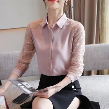2021 Novo Urad Dama Črno Bluzo Ženske Fashion Lace Šifon Dolg Rokav Bluzo Ženske Korejski Elegantno Vrhovi Blusas Mujer 11491