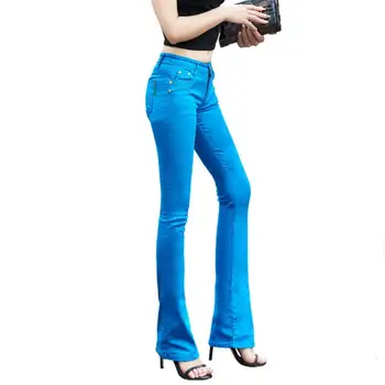 Plus Velikost gumb letenje ženske jeans Candy barve rog hlače jeans za ženske, visoko elastična Suh Stretch Formalno Urad za Delo Hlače