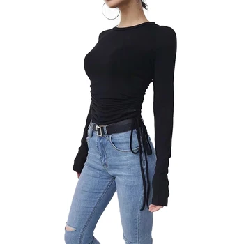 Ženske Padajo Dolgo Sleeved Bodycon Top Majica Barva Zavit Elastična Priložnostne Stranka Bluze Krog Vratu Naguban Čipke-up Oblačila