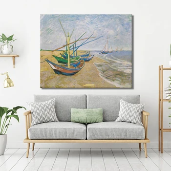Ribiški Čolni na Plaži na Les z Van Gogh Plakat, Tisk na Platno Wall Art Platno Povzetek Dekorativno Slikarstvo za Sobi Doma
