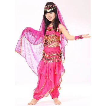 Trebuh Ples, Indijski Otroci Kopalke Set Top, Pas, Hlače, naglavni del in Rokavi Bollywood Ples Kostume za Dekleta 5-kos