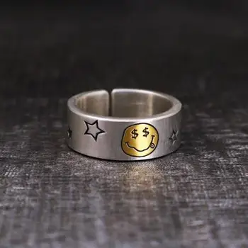 Original oblikovalec obrti denar zvezde poker nasmejan obraz odpiranje nastavljiv prstan kreativen punk stil ženske blagovne znamke nakit