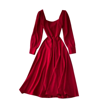 Ženske Modne 2020 Nove Jesensko Retro Kvadratnih Ovratnik Visoko Pasu Tanko Obleko Lady Long Sleeve Solid Color Elegantno Vestidos P716