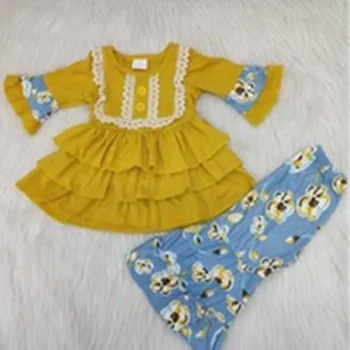 Jeseni dekle obleko otroška oblačila suknjič srčkan rumeno udobno preproste hlače sežgati hlače svetlo modra risanka