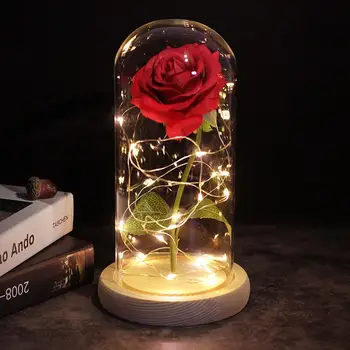 6 Barvna Lepota In Zver Rdečo Vrtnico V Stekleno Kupolo Na Leseno Osnovo Za valentinovega Darila LED Rose Svetilke Božič