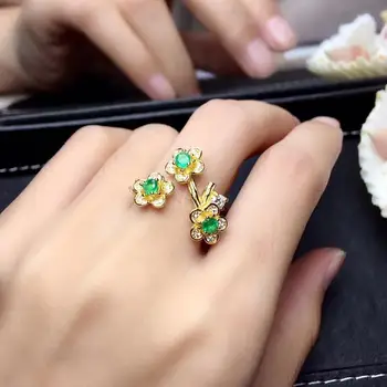 Lepe smaragdni prstan naravnih smaragdno 3*3 mm velikost pravi 925 srebro nakit raztegljivo dekle darilo za rojstni dan prekrita zlate barve