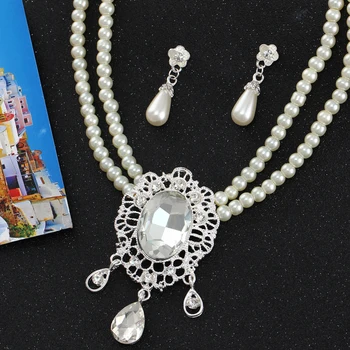 Luksuzni beli kristalni draguljev, poročni nakit sklopov multi-layer verige stud uhani simulirani biser nakit set za ženske
