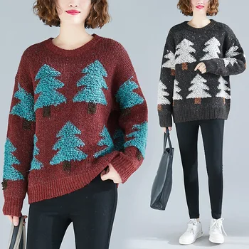 2020 jeseni novo korejska različica ohlapen pulover ženske, retro Božično drevo vrhovi plus velikost ženske priložnostne krog vratu puloverju pulover