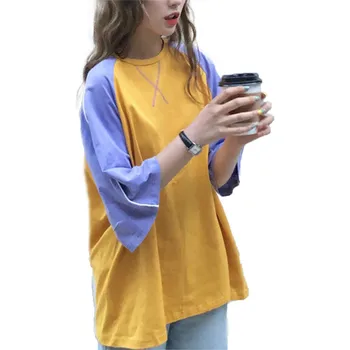 Ženske, Dekleta Pol-sleeved Barvno Ujemanje T-shirt Poletje Moda Krog Vratu Puloverju Priložnostne Svoboden Vrh