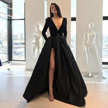 Črne Večerne Obleke A-linijo Proti-vrat Dolge Rokave Režejo Seksi Dubaj Savdska Arabija Dolgo Maturantski ples Obleka Obleke Haljo De Soiree