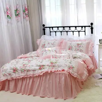Romantični Vezenje posteljnina nabor rose tiskanja posteljnina ruffle čipke posteljo nastavite princesa, kralj, posteljnina nabor bombažne rjuhe kritje nastavite kraljica