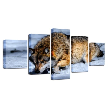Platno Stensko Slikarstvo Umetnost HD Tiskanje Plakata 5 Kosov Zasneženih Živali Volk V Zimsko Pokrajino Slike Modularni Doma Dekor Dnevna Soba