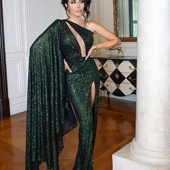 Večerno Obleko 2020 morska deklica Za Ženske Turčija Dubaj Eno Ramo zelena bleščica, Formalno stranko dolg rokav Noč Maturantski Halje Plus Velikost