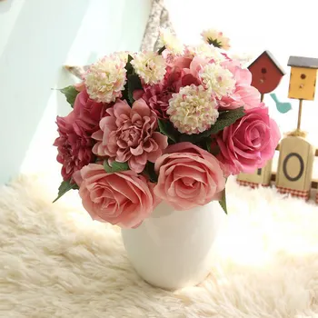1 Kup Rose Dahlia Umetno Cvetje Svile Pravi Dotik Ponaredek Cvet Poročni Šopek za Poročno Dekoracijo Doma Vrt Dekor Flora