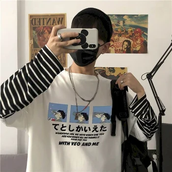 Gothic Japonska Tshirt Moški Majica s kratkimi rokavi Nekaj Jeseni, Pozimi Nov Trend Ins Ponaredek Dve Ohlapno Dolgo rokavi T-majice Študentov korejski Tiskanje