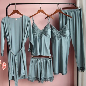 Nove Ženske Pižame Komplet 5 Kosov Seksi Saten Sleepwear bo Ustrezala Pomlad Poletje Homewear M L XL XXL