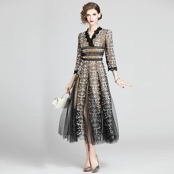 Elegantno Obleko 2020 Poletje Midi Obleko Novo Modno Oblikovanje Ženske Visoke Kakovosti Vezenje Cvetje Očesa Pika Čipke Dolgo Obleko