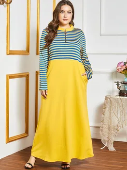 2020 Jeseni, Pozimi Obleko Plus Velikost Ženske Dolg Rokav Prugasta Tiskanja Mozaik Elegantno Obleko Svoboden Maxi Arabsko Muslimansko Obleko