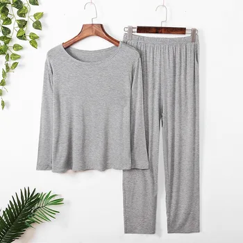 Ženske modal pižamo set 2 Kos/set Sleepwear krog vratu Plus Velikost Preprost Dolgimi rokavi, hlače, obleka ženske pižame