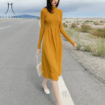 Heydress jeseni, pozimi ženske barvo visoko pasu obleka ženske eleganten dolg rokav Pleteno obleko Ženski A-Line oblačenja
