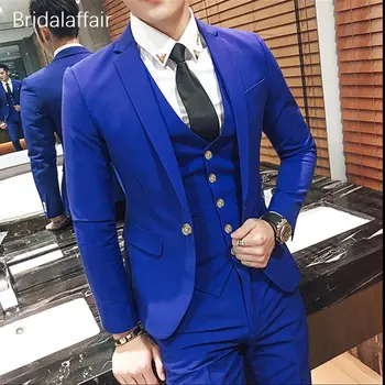 Čudovito Kraljevsko Modra Moških Obleko 3Pcs Uradno Oblačilo Moški Maturantski Poroko Ženin Tuxedos Slim Fit Moški Obleke Komplet (Jakna+Hlače+Telovnik)